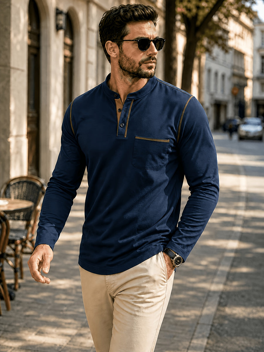 1pc Men'S Long Sleeve Henley Shirt, Stand Collar Slim Fit Casual Top, Solid Color Micro-Elastic Machine Washable Fabric, Contrast Stitching, Pocket Design Suitable for Early Autumn, for Daily, Travel, Dates - Navy Color