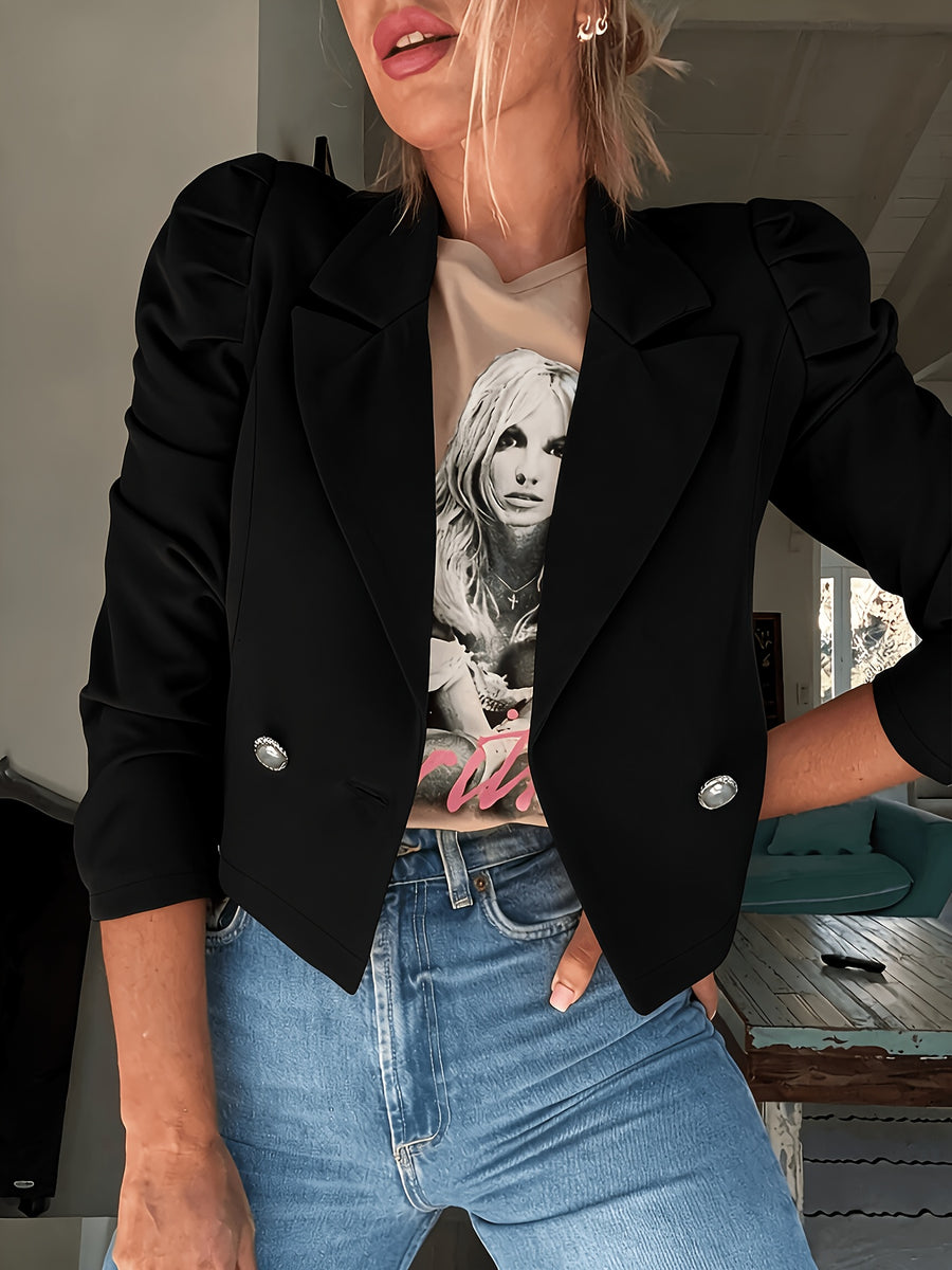 YYTT Autumn Winter New Fashion Temperament Elegant Commute Office All-Match Puff Sleeve Short Suit Jacket/Women'S Autumn Winter Coat - Black