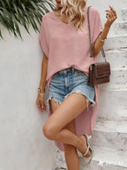 V-Neck Asymmetrical Long Top, Batwing Short Sleeve Loose Curved Hem Front Short Back Long Shirt, Textured Pleated Fabric, Casual Commute Leisure, Beach Vacation Blouse - Pale Pinkish Gray