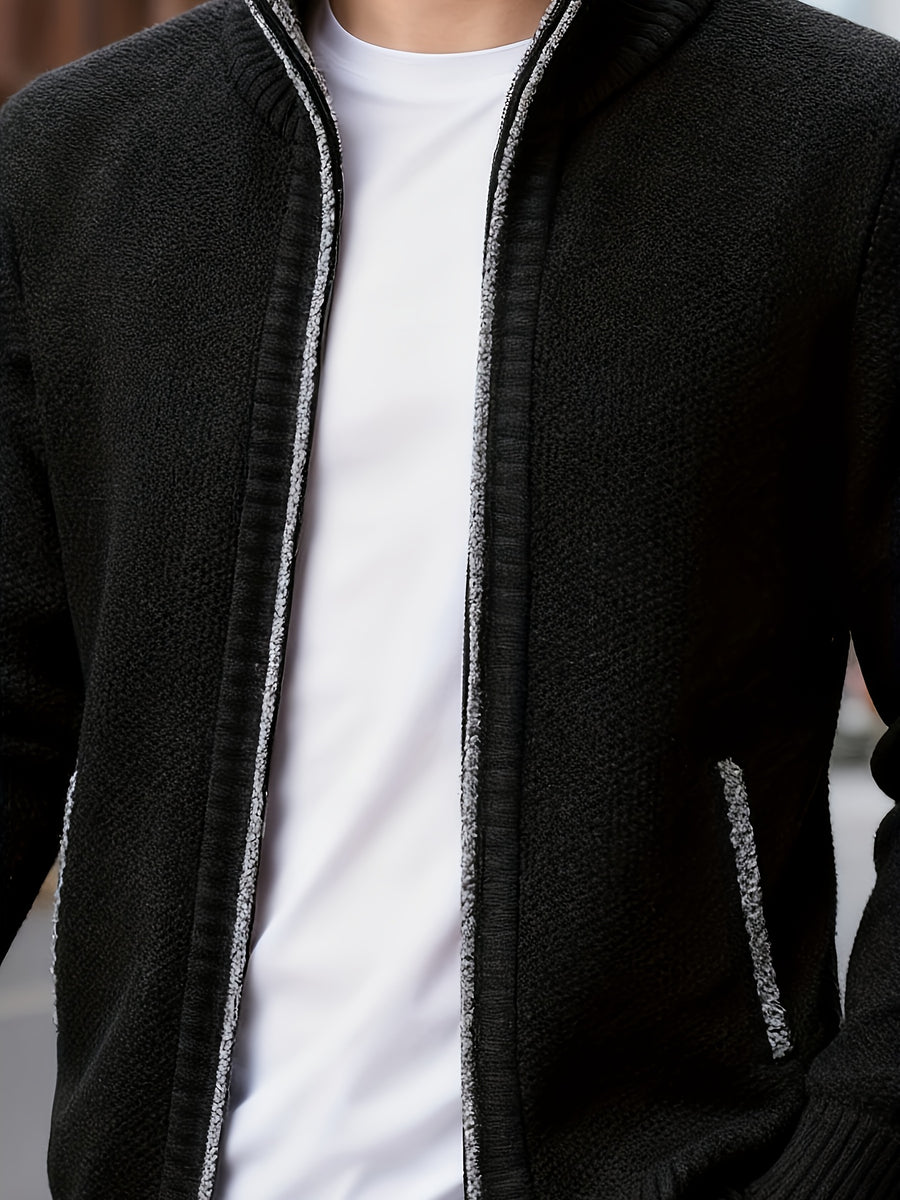 1pc Men's Knitted Cardigan Stand up Collar Jacket with Multiple Colors to Choose From, Simple and Stylish Design, Easy to Match with Shirt/T-shirt, Perfect for Commuting and Leisure, Showcasing Elegant Temperament (only One Jacket) - Black