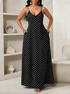 Women'S Summer Casual Vacation Style Polka Dot Printed Loose Pocket Buckle Dress - Black
