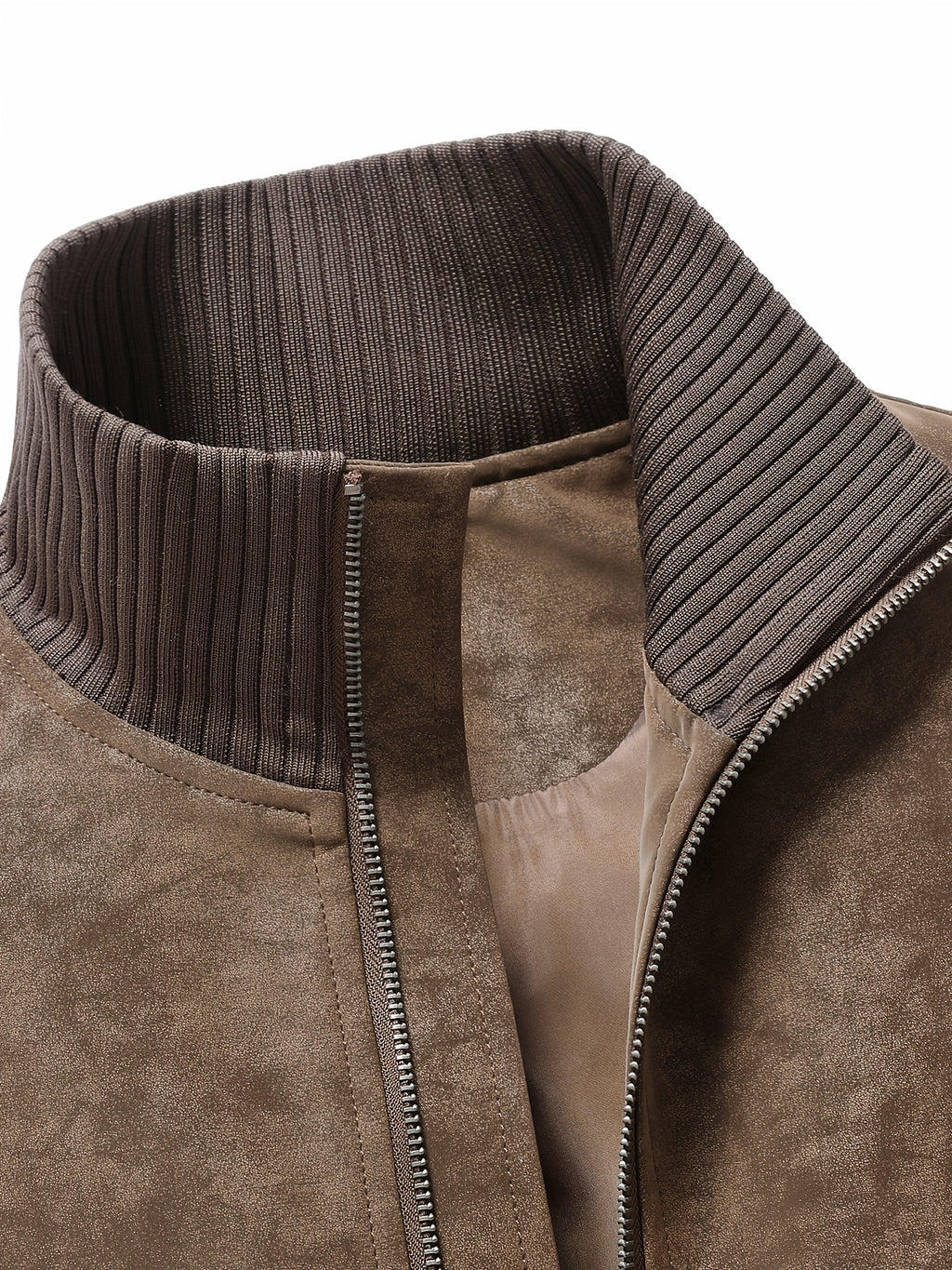 Men's Stand Collar Jacket, Windproof, Warm, Versatile, and Wear-Resistant, with Textured Finish and Precision Stitching. Loose-Fit Short Baseball Jacket Style for Daily Commuting, Streetwear, and Autumn/Winter Casual Wear. Features Ribbed Cuffs - Brown