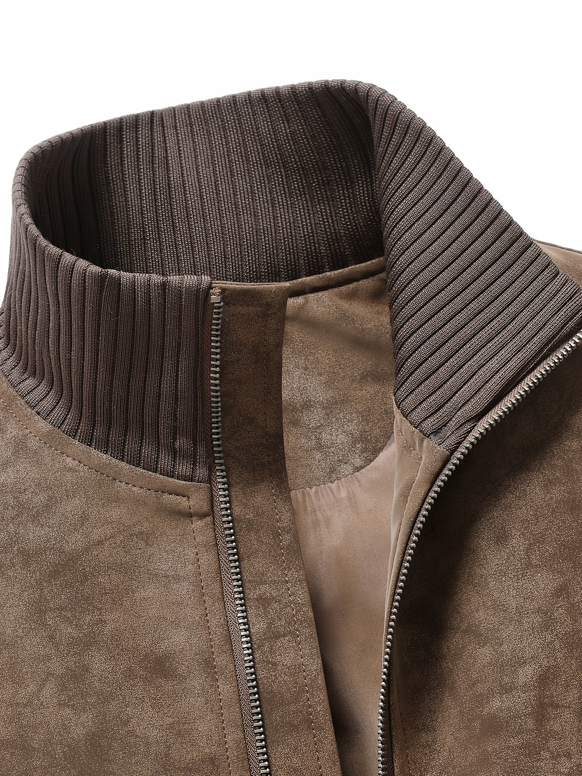 Men's Stand Collar Jacket, Windproof, Warm, Versatile, and Wear-Resistant, with Textured Finish and Precision Stitching. Loose-Fit Short Baseball Jacket Style for Daily Commuting, Streetwear, and Autumn/Winter Casual Wear. Features Ribbed Cuffs - Brown