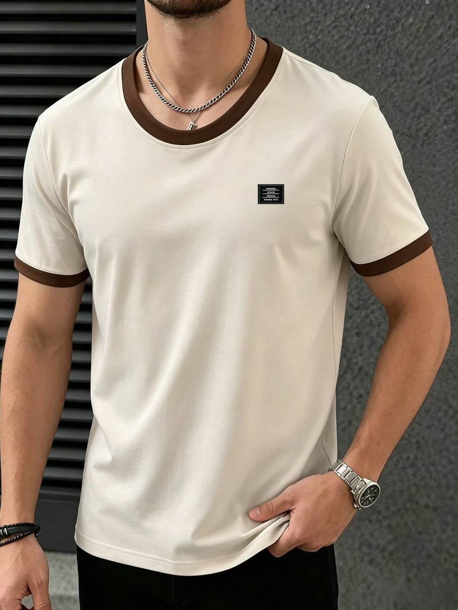 Men's 95% Polyester T-Shirt with Color-Block Patch & Badge Detail - Crew Neck Base Layer Suitable for Casual, Sportswear, All-Season Wear, Machine Washable, High-Fit Regular Fit Top for Layering and Everyday Use - Xingpinka