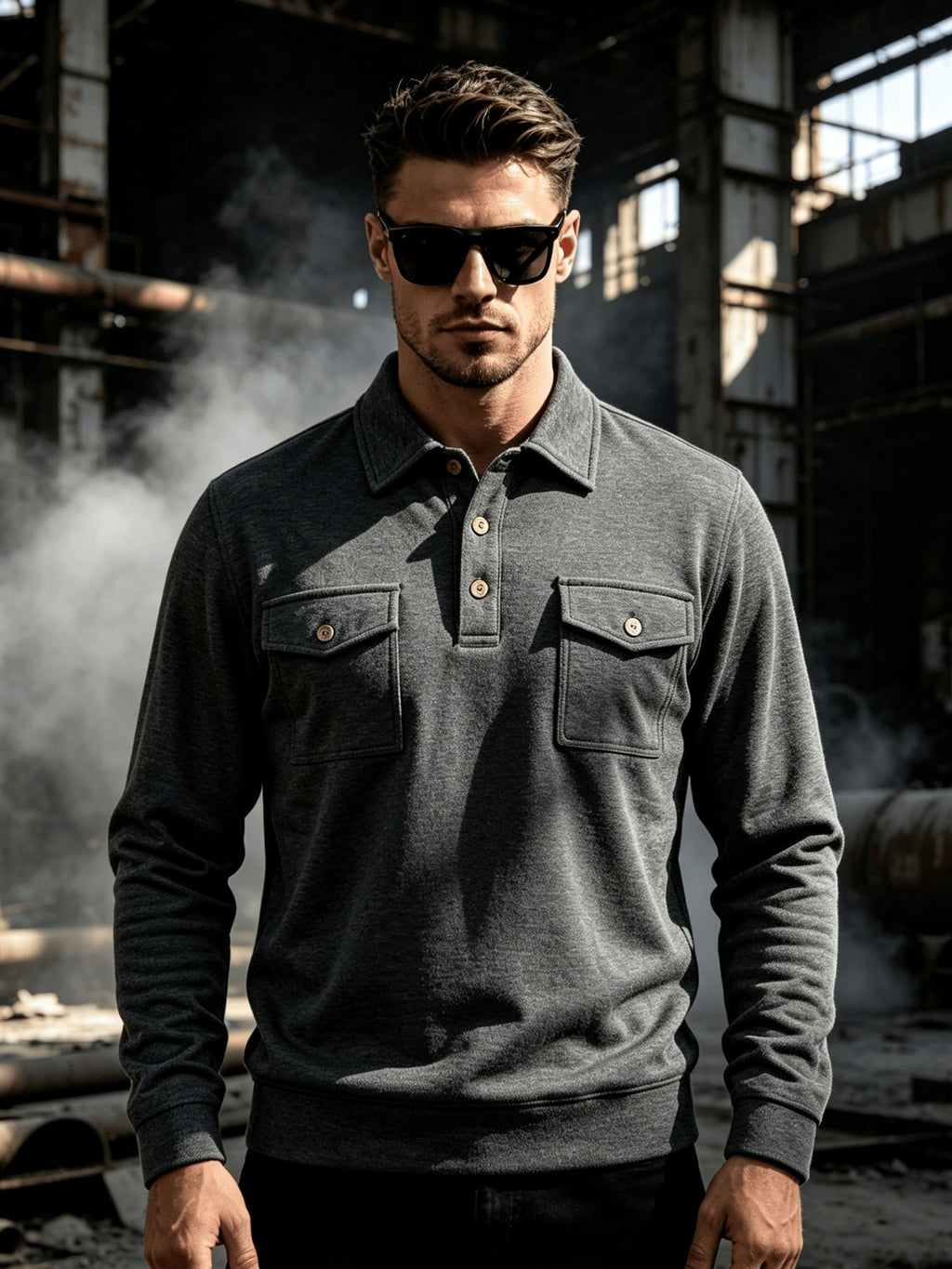 2026 New Men'S Long Sleeve Cargo Polo Sweatshirt, Double Pocket Lapel Design, Autumn Casual Commuter Pullover Top, Christmas Thanksgiving Gift for Boyfriend Husband - Dark Gray