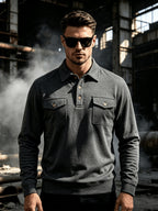 2026 New Men'S Long Sleeve Cargo Polo Sweatshirt, Double Pocket Lapel Design, Autumn Casual Commuter Pullover Top, Christmas Thanksgiving Gift for Boyfriend Husband - Dark Gray