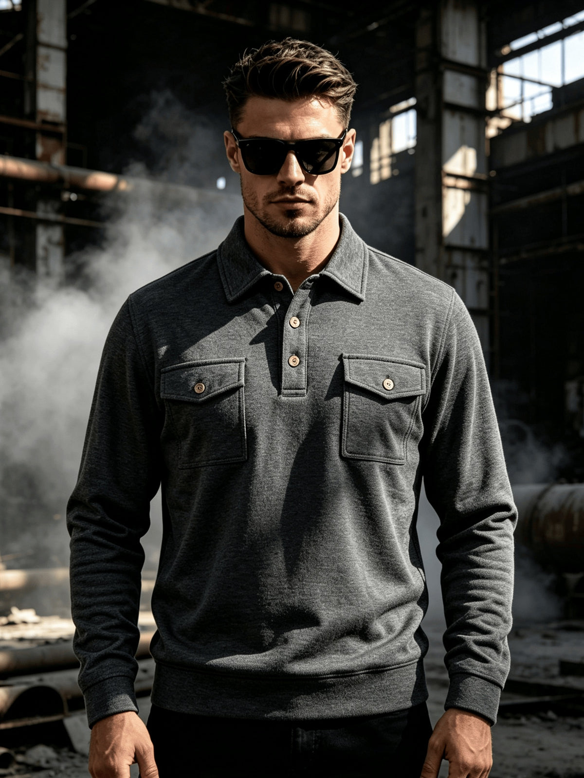 2026 New Men'S Long Sleeve Cargo Polo Sweatshirt, Double Pocket Lapel Design, Autumn Casual Commuter Pullover Top, Christmas Thanksgiving Gift for Boyfriend Husband - Dark Gray
