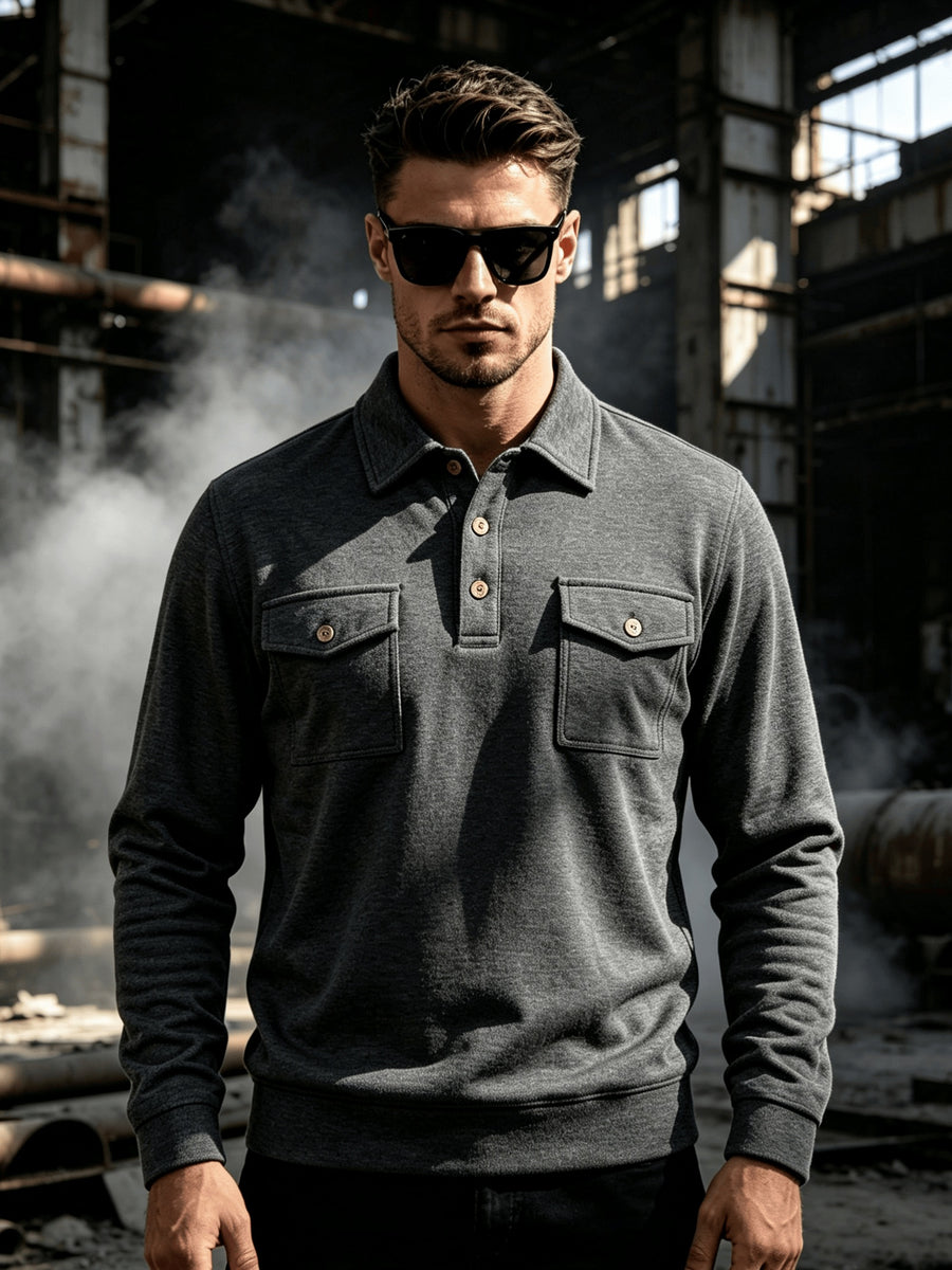 2026 New Men'S Long Sleeve Cargo Polo Sweatshirt, Double Pocket Lapel Design, Autumn Casual Commuter Pullover Top, Christmas Thanksgiving Gift for Boyfriend Husband - Dark Gray