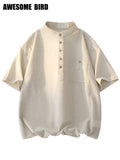 2026 Summer New Linen Short Sleeve Shirt Men'S Semi-High Neck Stand Collar Trendy Slight Loose Handsome Breathable Short Shirt - Off-white