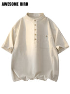 2026 Summer New Linen Short Sleeve Shirt Men'S Semi-High Neck Stand Collar Trendy Slight Loose Handsome Breathable Short Shirt - Off-white