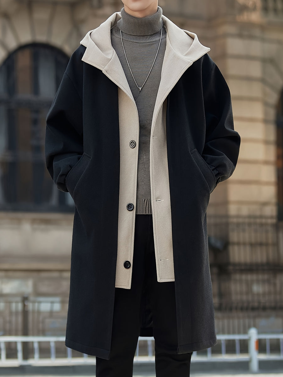 New Winter Men'S Mid-Length Fake Two-Piece Color-Block Windbreaker Jacket Men'S Double-Breasted Hooded Coat - Black