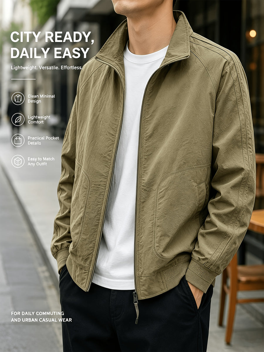 Men'S Stand-Collar Casual Commuter Jacket, Mesh Breathable Lining, Premium Wrinkle-Resistant Easy Care Fabric, Stand-Collar Zipper Closure, Ribbed Cuffs And Hem, Loose Fit Suitable for Business, Commute, And Casual Wear, Multi-Scene Men'S Outerwear - Khaki