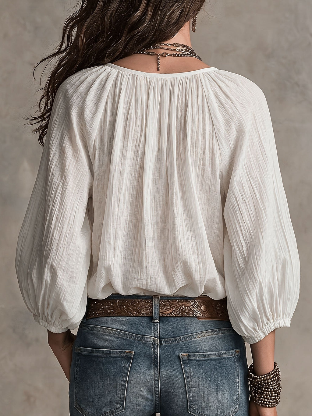 Western Cowgirl Bohemian Loose Blouse for Women, Crinkle Textured Fabric Half Placket Wooden Button Top, Lantern 3/4 Sleeve Flowy Beach Holiday Shirt - White