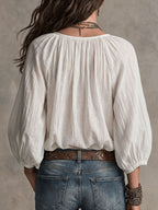 Western Cowgirl Bohemian Loose Blouse for Women, Crinkle Textured Fabric Half Placket Wooden Button Top, Lantern 3/4 Sleeve Flowy Beach Holiday Shirt - White