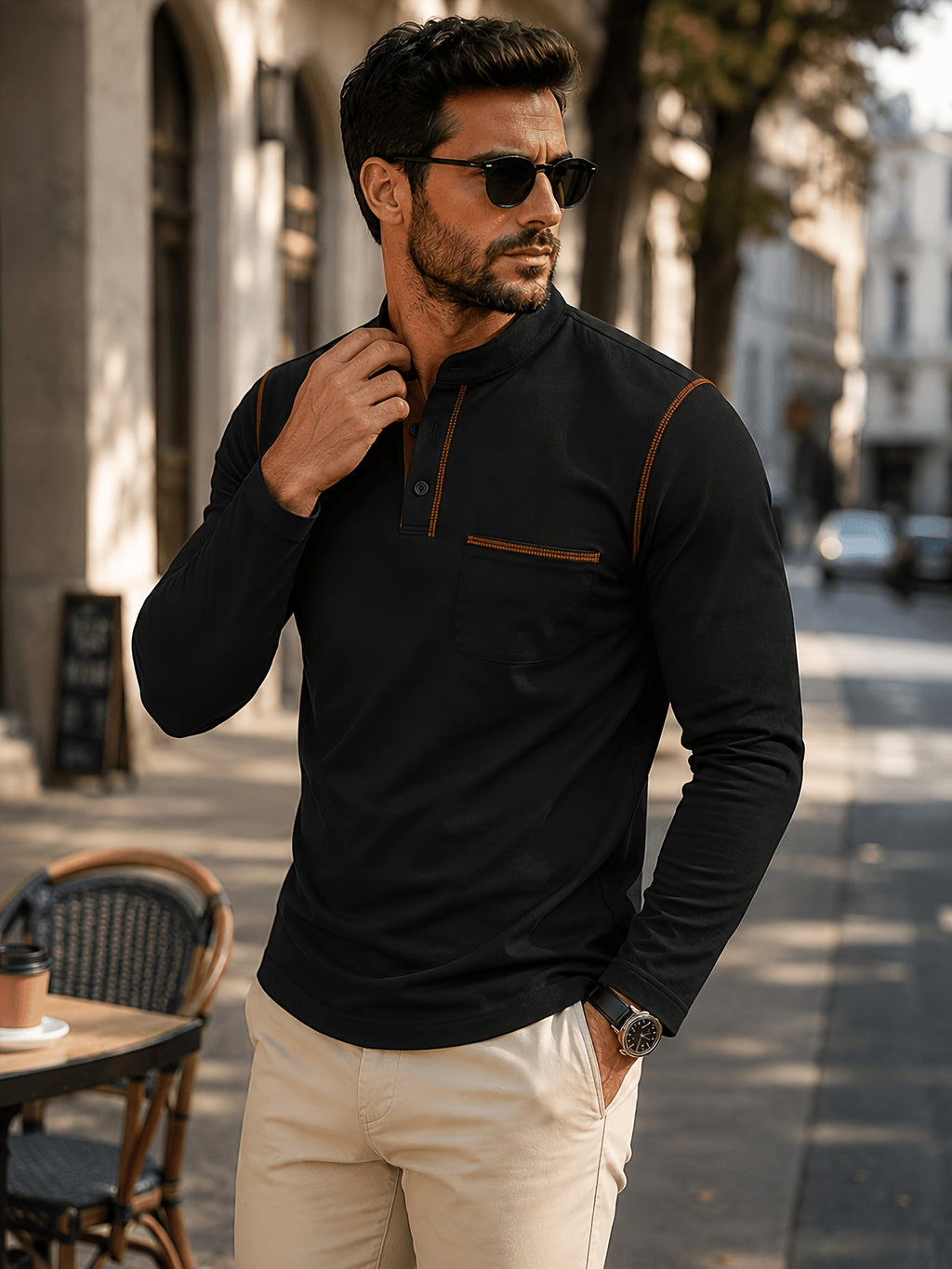 1pc Men'S Long Sleeve Henley Shirt, Stand Collar Slim Fit Casual Top, Solid Color Micro-Elastic Machine Washable Fabric, Contrast Stitching, Pocket Design Suitable for Early Autumn, for Daily, Travel, Dates - Black