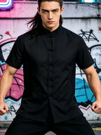 Men's Traditional Tang Suit Short Sleeve Summer Breathable Pure Cotton Chinese Mandarin Collar Top with Pockets - Black