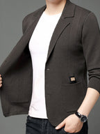 1 Men's Knitted Suit Lapel Jacket, Suitable for Light Business Wear and Daily Work, Ideal as a Gift - Coffee Color