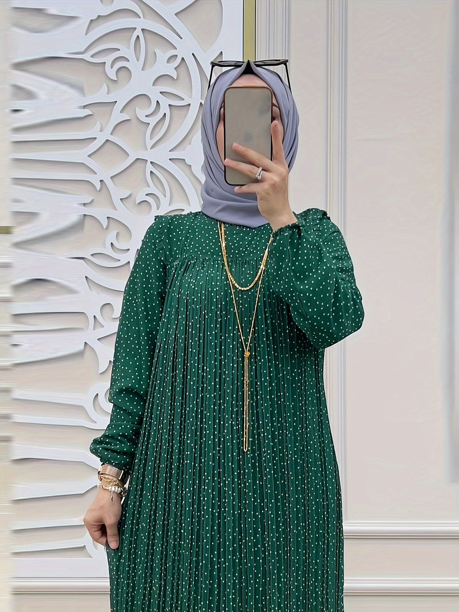 Women'S Middle Eastern Muslim Chiffon Polka Dot Print Long Dress - Dark Green