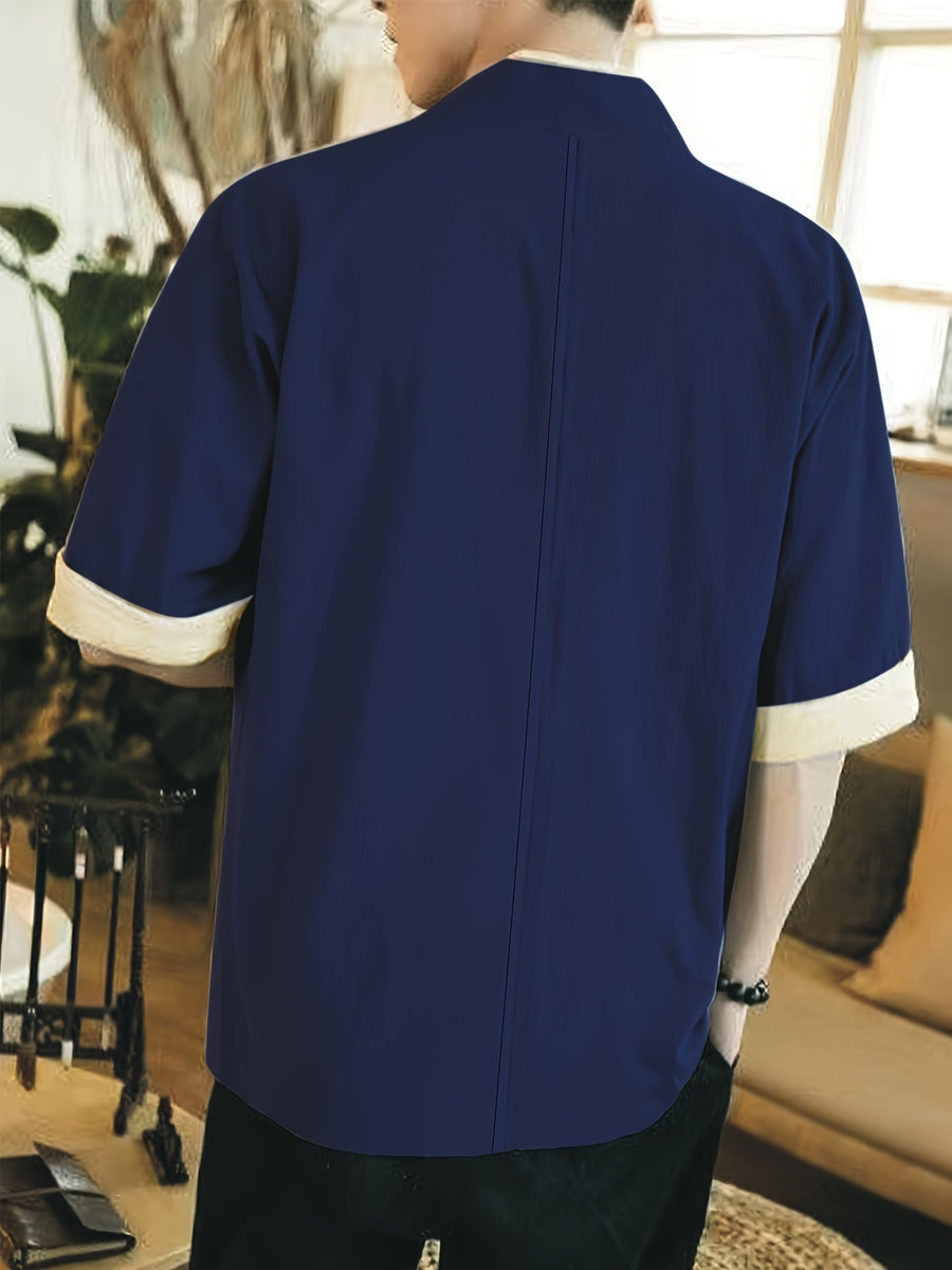 New Chinese Style Open Collar and Mid Sleeve Men's Shirt with Simple One Grain Buckle, Comfortable Linen Breathable Men's T-shirt, Casual Shirt - Royal Blue
