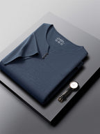 [Qiaoximei OBM] Summer New Men'S Henley Shirt, Collarless Solid Color Top, Faux Button Decoration, Golf Casual Wear, Suitable for Outings And Casual Wear, Men'S Gift - Navy Color