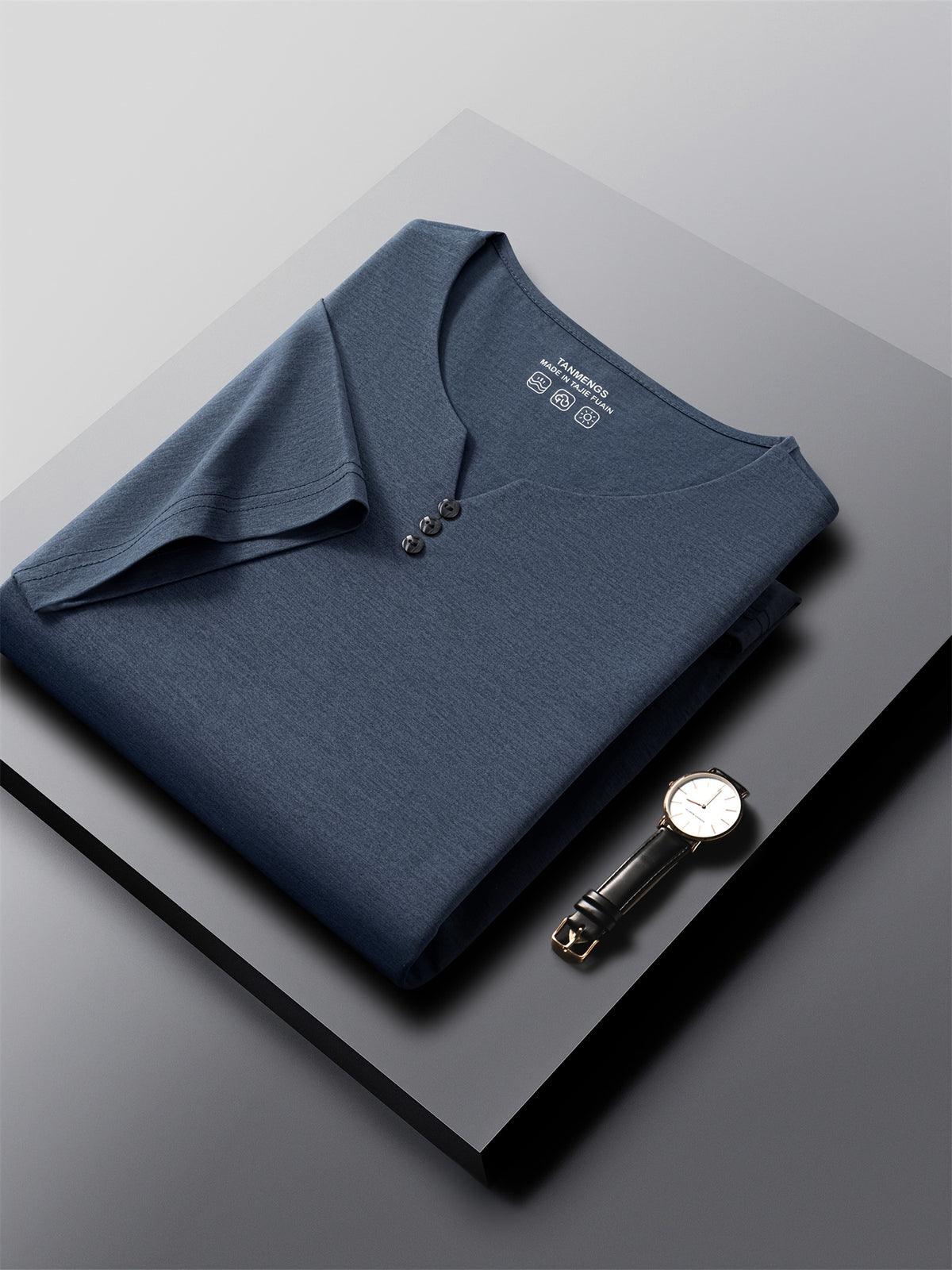 [Qiaoximei OBM] Summer New Men'S Henley Shirt, Collarless Solid Color Top, Faux Button Decoration, Golf Casual Wear, Suitable for Outings And Casual Wear, Men'S Gift - Navy Color