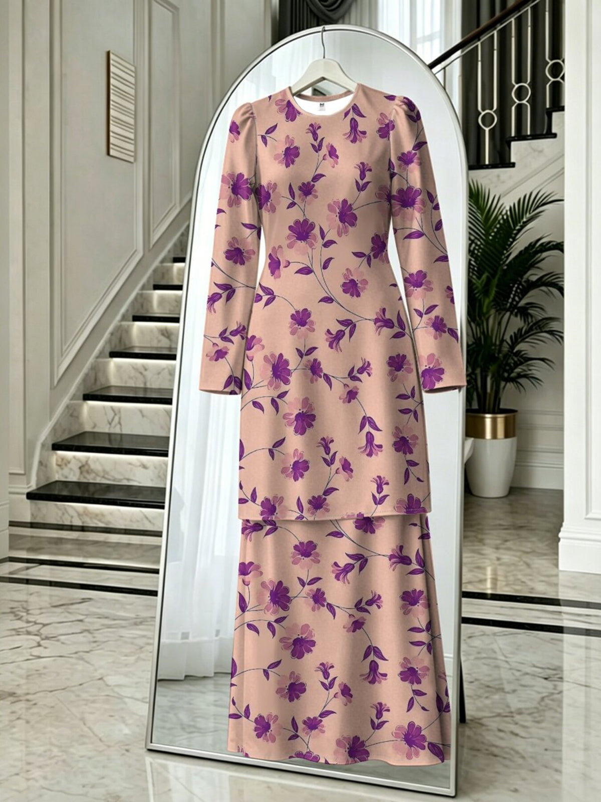 2pcs Women's Middle Eastern Muslim Robe Set, Non-Embroidered Vintage Floral 2pcs Set, Long-Sleeve Long Top + Maxi Skirt, Dubai Islamic Conservative Women's Clothing, for Daily Prayer and Outings, Gentle Style Muslim Women's Set - Mixed colors
