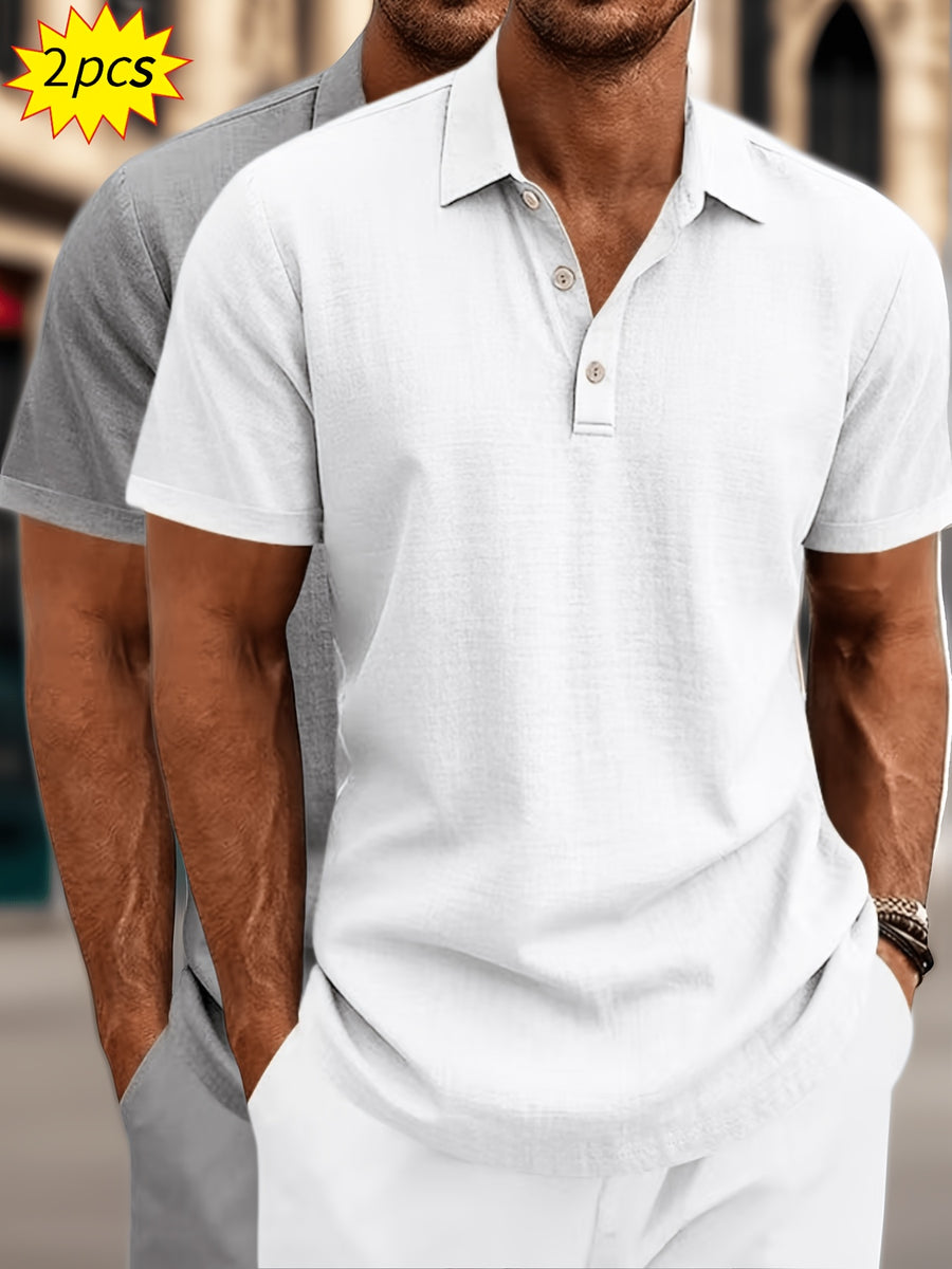 2pcs Summer Cooling Linen Polo Shirt Set, Men'S Breathable Solid Casual Shirts - White+gray