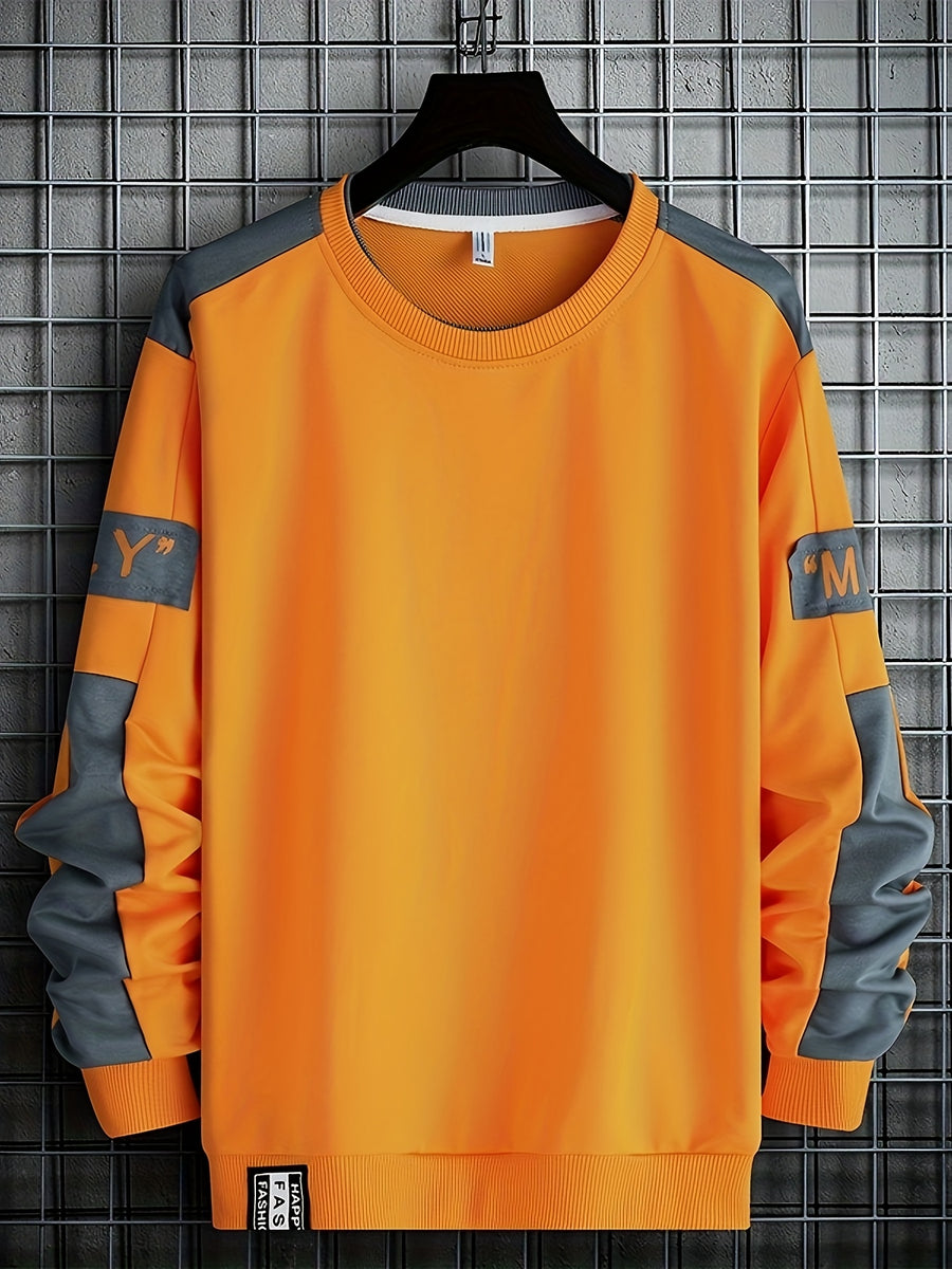 1pc Men's Casual Sportswear Top, Pullover Fashion Long Sleeve, Suitable for Spring and Autumn Outdoor Daily Running, Color-Block Letter Men's Sweatshirt - Yellow