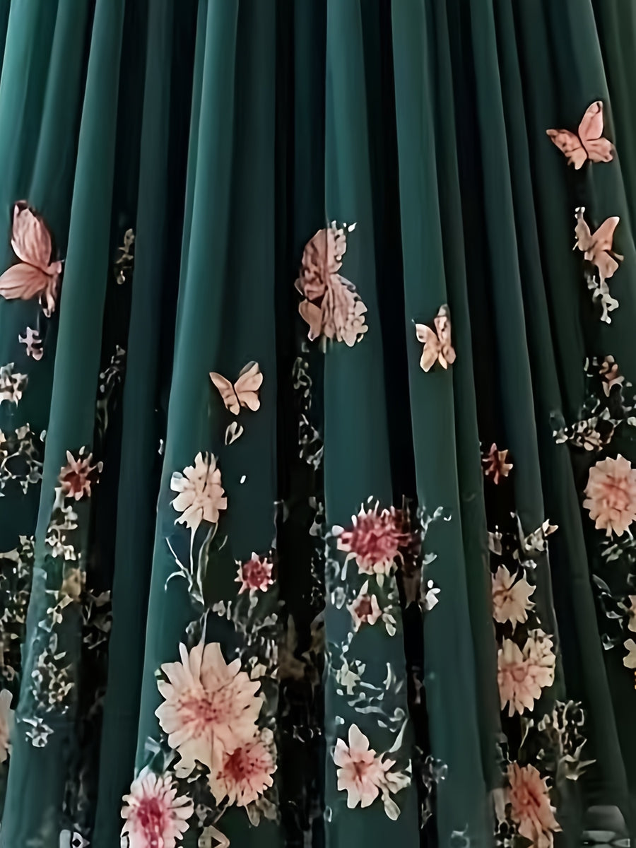 Printed Women's Maxi Skirt with Layered Chiffon Hem, Long A-line Skirt Suitable for Parties, Daily Wear, and All Seasons - Dark Green