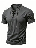Men's Casual Drawstring Stand Collar Short Sleeve - Dark Gray