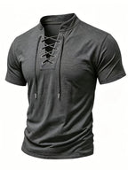 Men's Casual Drawstring Stand Collar Short Sleeve - Dark Gray