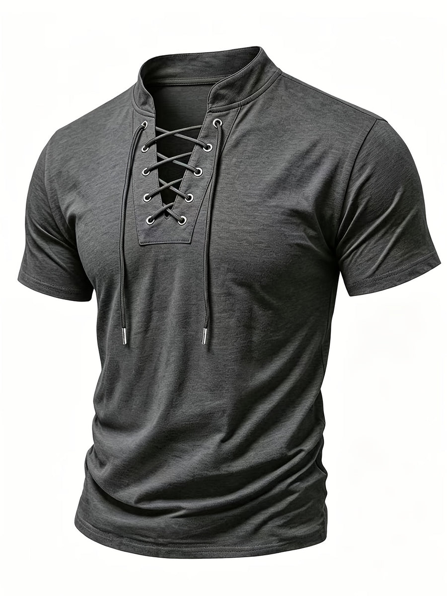 Men's Casual Drawstring Stand Collar Short Sleeve - Dark Gray