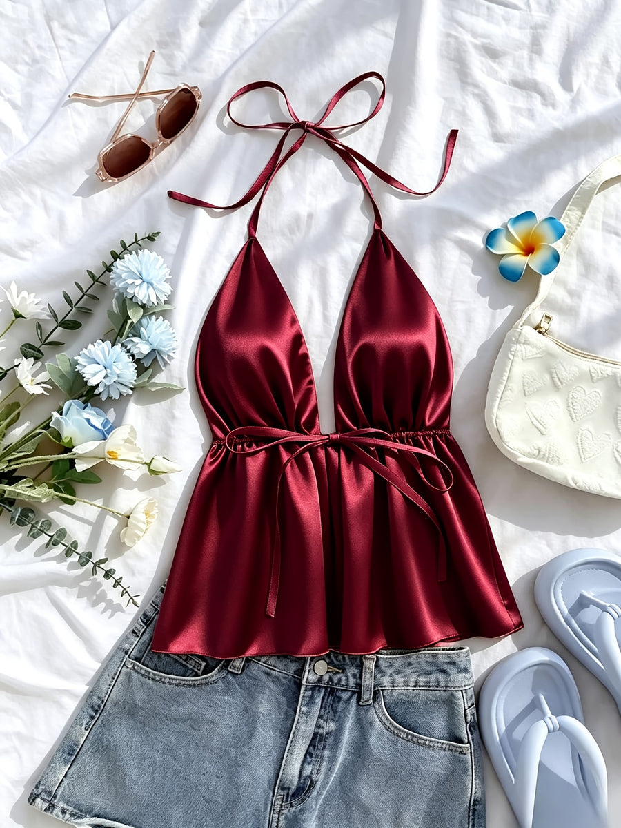 1pc Solid Color Spring Summer Beach Vacation Casual Satin Ruffled Cami Top - Burgundy