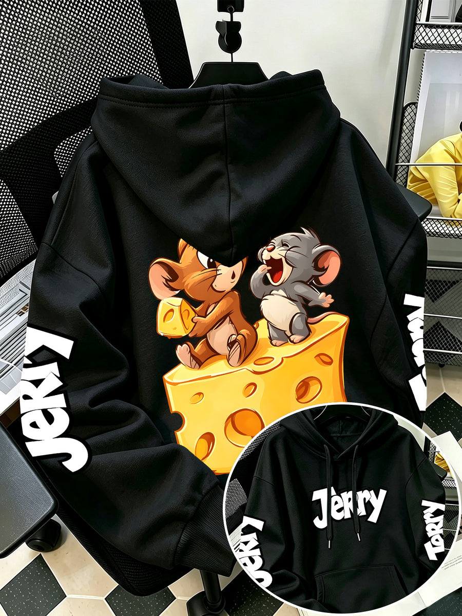 By Warner Bros., 2026 New Fun Cartoon Print, Men's Hoodie, Hooded Sweatshirt, Kangaroo Pocket and Drawstring Hat, Suitable for Daily and Outdoor Sports Wear, Autumn and Winter Warm Jacket, Fashionable Jacket - Black