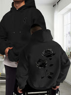Autumn Winter Men'S Fleece-Lined Hooded Sweatshirt, Double Branch Black Rose Print, Fashionable Casual Wear for Daily, Casual, Gatherings, Parties, Outdoor Sports, Men'S Warm Hooded Top - Black