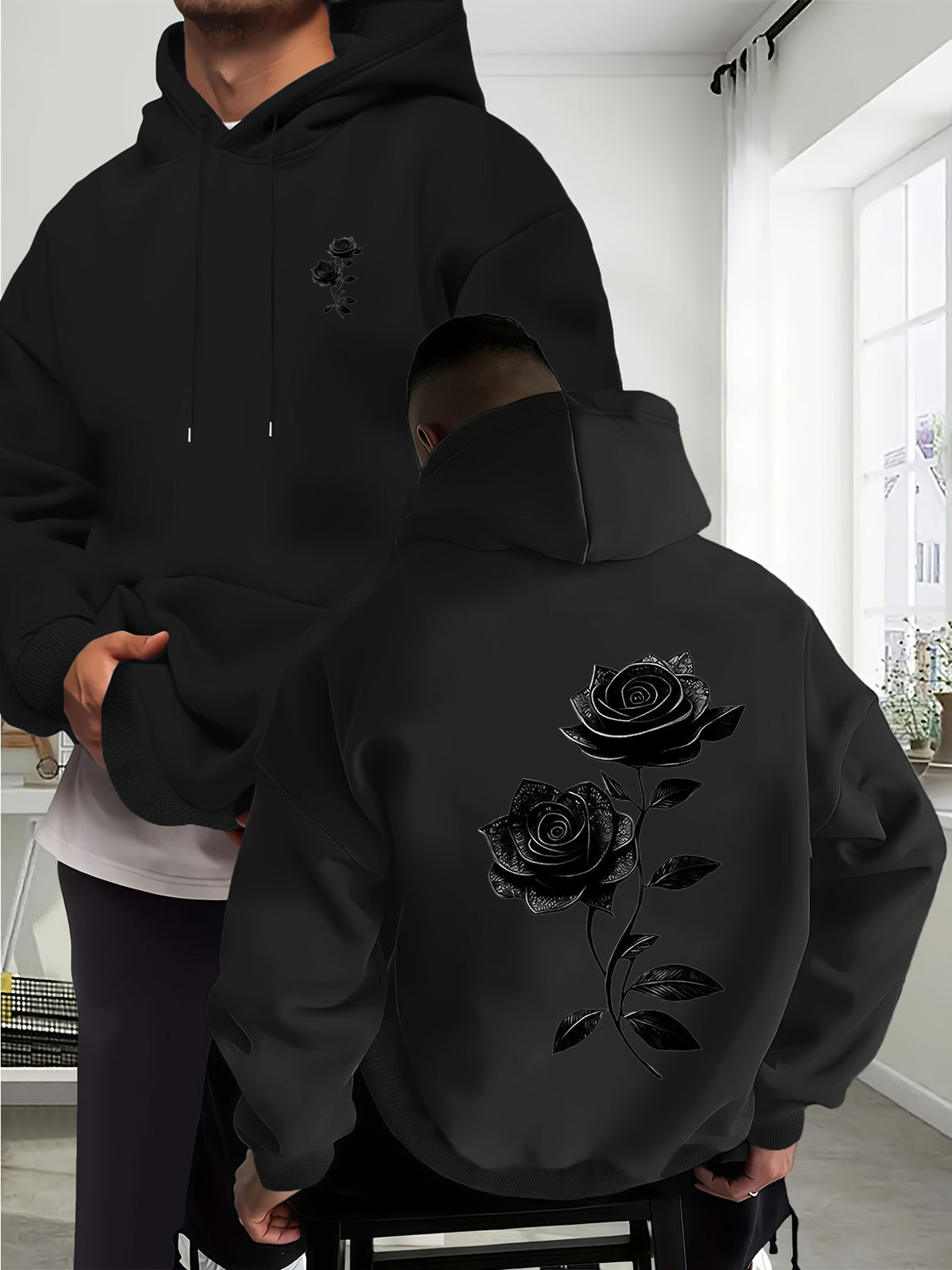 Autumn Winter Men'S Fleece-Lined Hooded Sweatshirt, Double Branch Black Rose Print, Fashionable Casual Wear for Daily, Casual, Gatherings, Parties, Outdoor Sports, Men'S Warm Hooded Top - Black