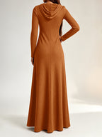 Plus Size - Western Plus Size Women'S Ribbed Hooded Long Dress, Half-Open Zipper Long Sleeve Fitted Flared Casual Floor-Length Skirt - Dark Brown