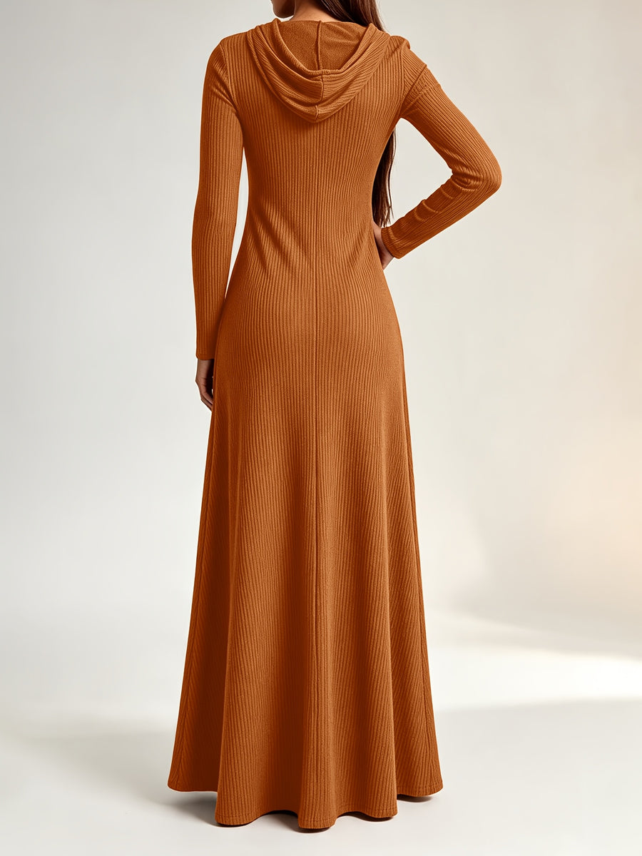 Plus Size - Western Plus Size Women'S Ribbed Hooded Long Dress, Half-Open Zipper Long Sleeve Fitted Flared Casual Floor-Length Skirt - Dark Brown