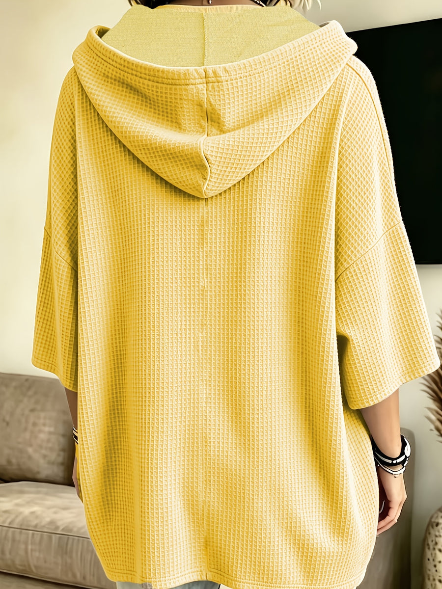 Women's Elegant Casual Solid Color Loose Fit Hooded Fashion Waffle Sweatshirt Top - Lemon Yellow