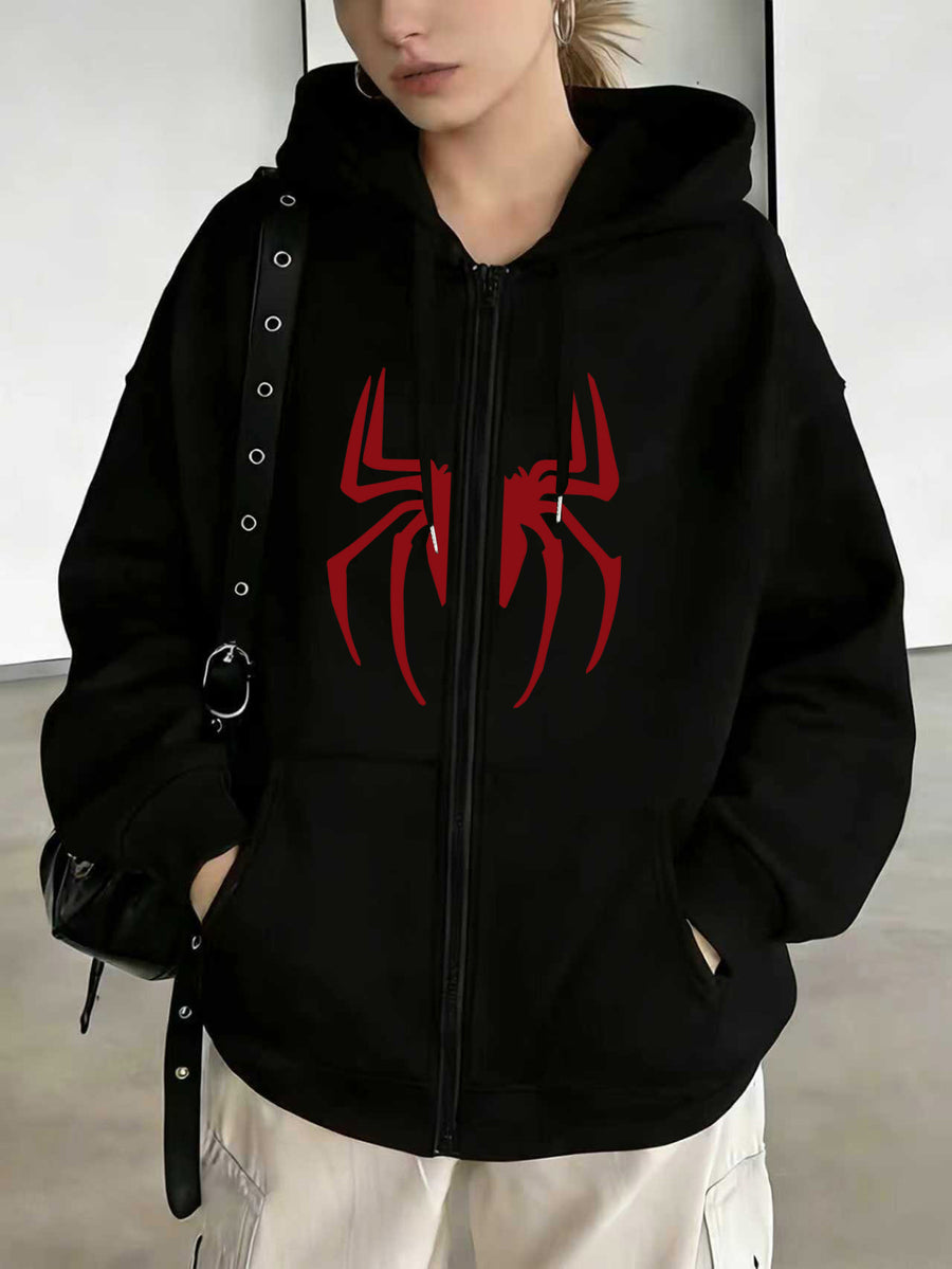 Licensed by Wb-Women'S Hoodie with Spidey Print-Spring And Autumn Casual Zip Hoodie, Fashion Sweatshirt, Spring And Autumn Vibrant Hoodie Zip Hoodie, Women'S - Black