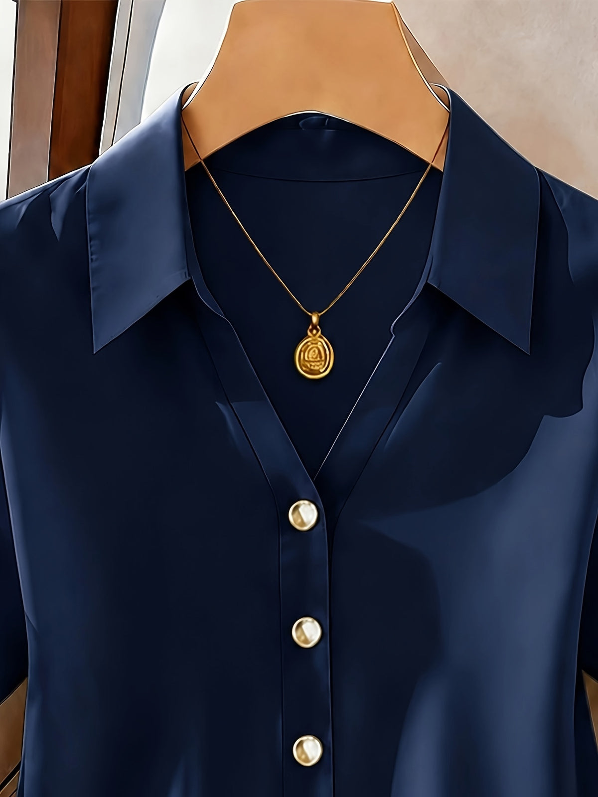 New Women's Top, Solid Color Short-Sleeve Casual Shirt for Women, Elegant and Casual Women's Blouse, Suitable for Commuting, Outings, and the Office - Navy Color
