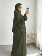 A Khimar + Abaya Prayer Jilbab Suit, a Fashionable and Elegant Vacation Set Featuring a Pure-color, Simple Single-layer Headscarf and a Light, Breathable, Comfortable Horn-sleeve Loose Dress. This Women's Abaya Combination Set Is Ideal for Muslim - Military Green