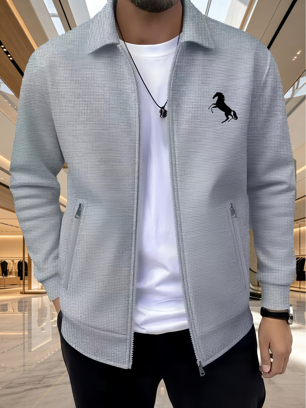 Men'S Casual Lapel Zip-Up Cardigan Coat, Stylish And Breathable Waffle Grid Print Jacket, Suitable for Outdoor Sports And Business Office, Versatile Top - Grey