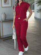 Autumn Women's Outfit: Solid Color Simple Lapel Short-sleeve T-shirt and Elastic Waist Heart Patch Loose Comfortable Women's Trousers 2pcs Set. New Women's 2pcs Outfit - Burgundy