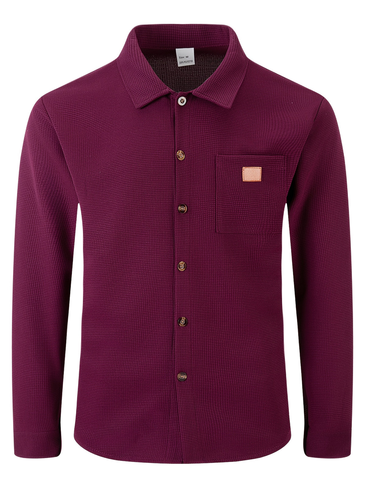 Men Fall Winter Waffle Knit Shacket, Long Sleeve Button Up Collared Shirt Jacket with Pocket, Casual Overshirt Outer Coat, Solid, Comfortable, Loose Fit - Burgundy