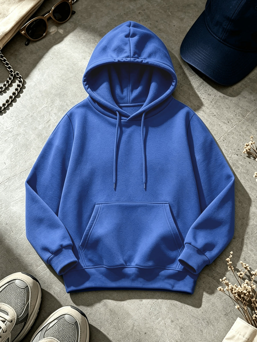 Men's Casual Solid Color Hooded Sweatshirt - Adjustable Drawstring Hood + Front Kangaroo Pocket, Machine Washable Wrinkle-Resistant Fabric, Suitable for Casual Wear and Light Sports, Comfortable Long-Sleeve Hooded Top for Daily Commutes and Outings - Blue
