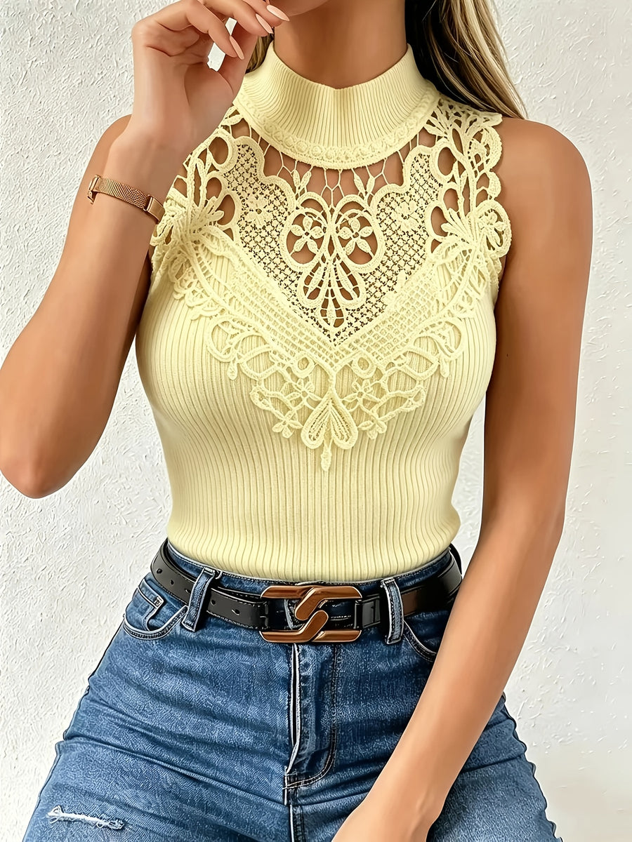 French Lace Elegant Patchwork Mock Neck Vest Top - Yellow