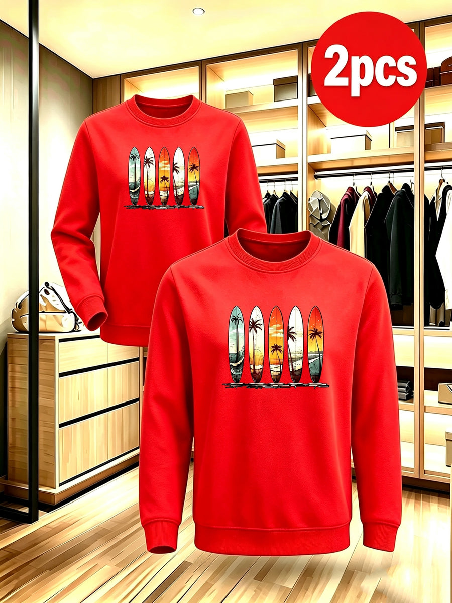 2pcs Men'S Fall Winter Thick Fleece Lined Crewneck Pullover, Retro Beach Surfboard Tree Sunset Graphic, Versatile Warm Long Sleeve Top, Daily Commute, Outdoor Activity, Street Style, Friend Meetup - Red