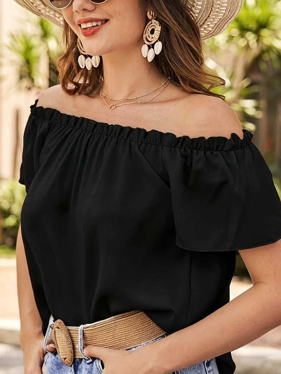 Women'S Spring Summer New Fashion Solid Color Minimalist Off-Shoulder Blouse with Fabric Ruffle Trim - Versatile Short-Sleeve Top for Casual, Vacation And Daily Dates - Black