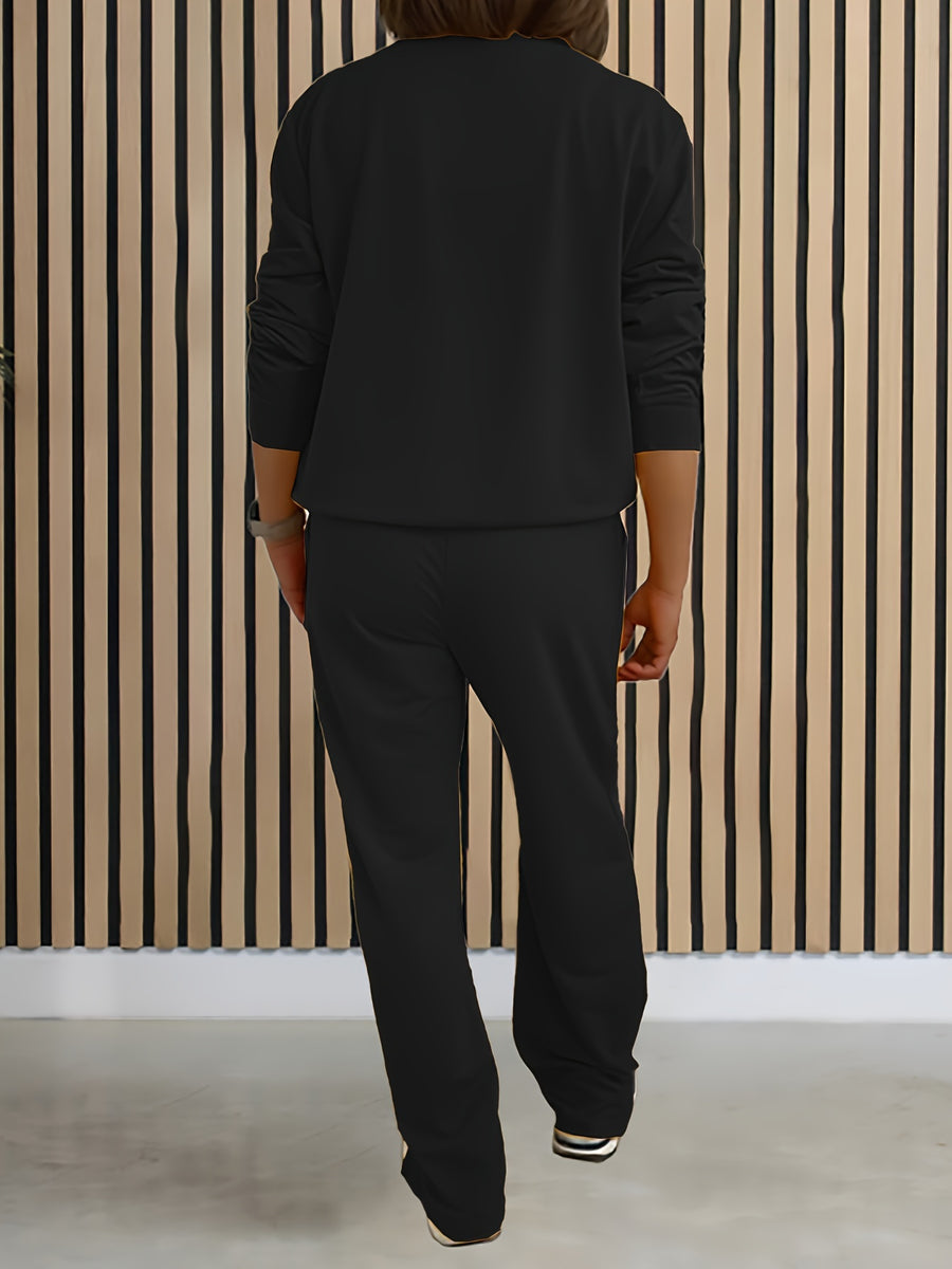 Women'S Solid Color Two-Piece Casual Long Sleeve Front Zipper Hoodie with Drawstring Straight Leg Pants Outfit - Black